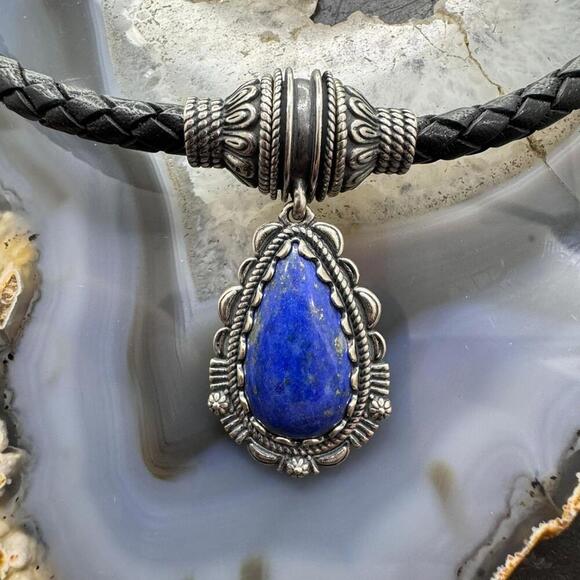 Carolyn Pollack Black Braided Leather Necklace with Teardrop Denim Lapis Pendant - Picture 5 of 10